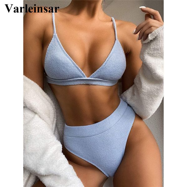 

s-xl special fabric female swimsuit high waist bikini women swimwear two-pieces bikini set ribbed bather bathing suit swim v2328