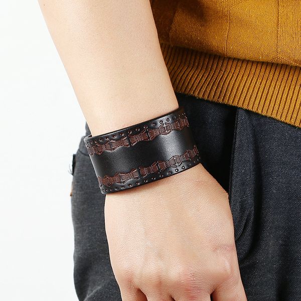

vintage fashion steampunk geometry brown braided leather bracelet men wide cuff bracelets and bangles wristband punk jewelry, Golden;silver