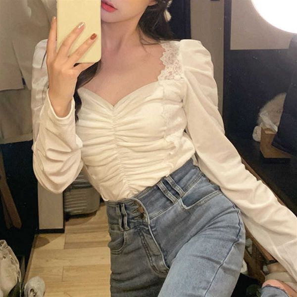 Frühling Spitze Chiffon Bluse Frauen Langarm Quadrat Kragen Koreanischen Stil Elegante Büro Shirts Weibliche Dünne Chic Y2k Tops 210721