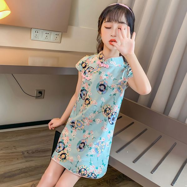 

dress for girls floral pattern cheongsam dress for girls chinese style dress for kids summer clothes girls 6 8 10 12 14, Red;yellow