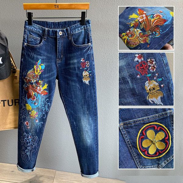 

men's jeans spring and autumn blue large size tide brand slim pants high-end printed goldfish embroidery washed