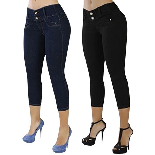 

women's winter high waist jeans elastic three quater solid color polyester size s-3xl fashion bohemia regular xj, Blue