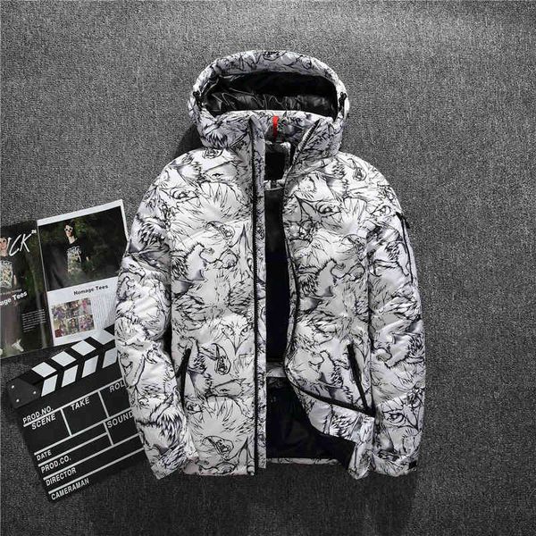 

thick warm white duck down fashion print mens slim hooded black coat casual jacket winter men's
