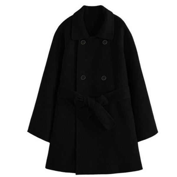 

women's wool & blends office lady solid women long woolen coat loose jacket double breasted cashmere and, Black