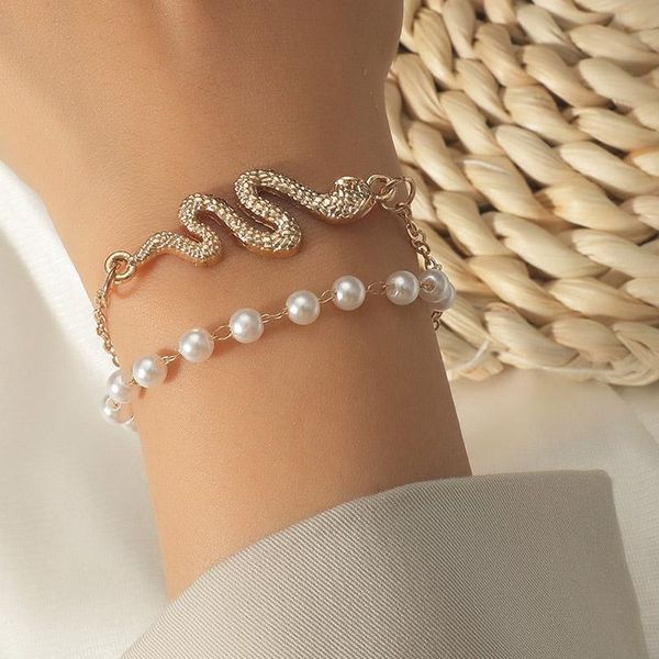 

charm bracelets 2 pcs/set fashion female white pearl for women trendy gold color metal chain snake bracelet party jewelry gift, Golden;silver
