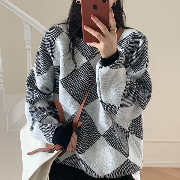 

women's sweaters retro loose diamond sweater, White;black