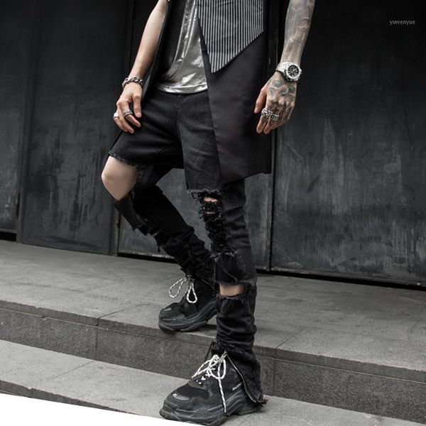 

men's pants shredded jeans stretch feet korean slim casual trend, Black