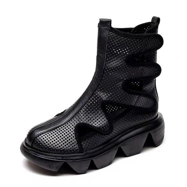 

sandals the first layer of leather retro women's shoes handmade hole female summer hollow ankle boots, Black