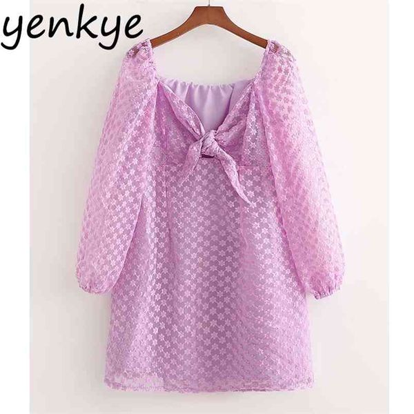 

transparent organza floral embroidery dress women v neck long sleeve a-line mini elegant partyfront knot dresses vestido 210514, Black;gray