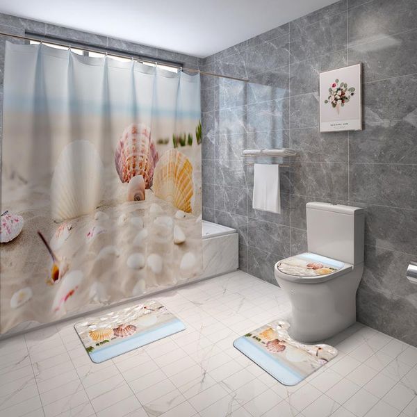 

4pcs bathroom rugs set and shower curtain printed non slip mat washing machine toilet wc carpet quick dry mats bath