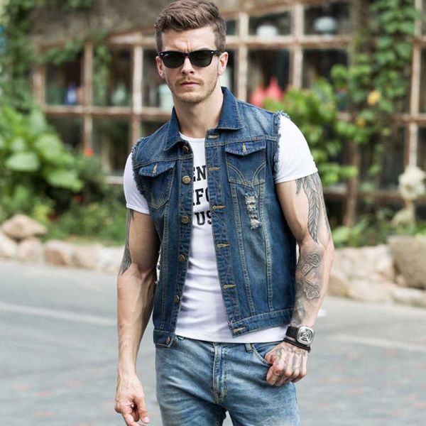 

streetwear fashion men vest retro blue destroyed designer ripped denim plus size s-6xl sleeveless hip hop punk jackets men's vests, Black;white