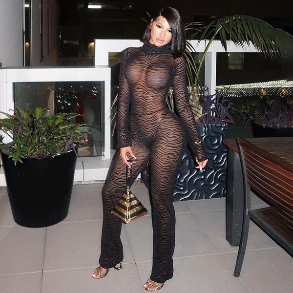 

women's jumpsuits & rompers zebra print backless skinny high neck full sleeve mesh perspective black jumpsuit fashion casual streetwear, Black;white