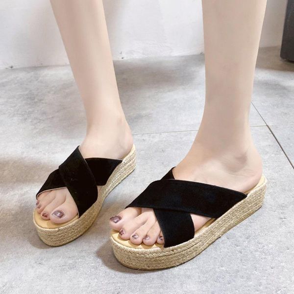 

sandals summer flax slippers women straw woven wedge heels cross strap ladies casual shoes linen platform d4, Black