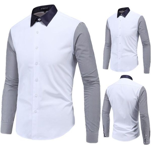 

men's casual shirts fashion shirt splice stripe sleeve long button turn-down collar fit man drop #2108, White;black