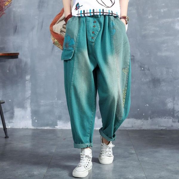 

women's jeans color patchwork cowboy trousers elastic waist denim harem pants for women vintage female clothes, Blue