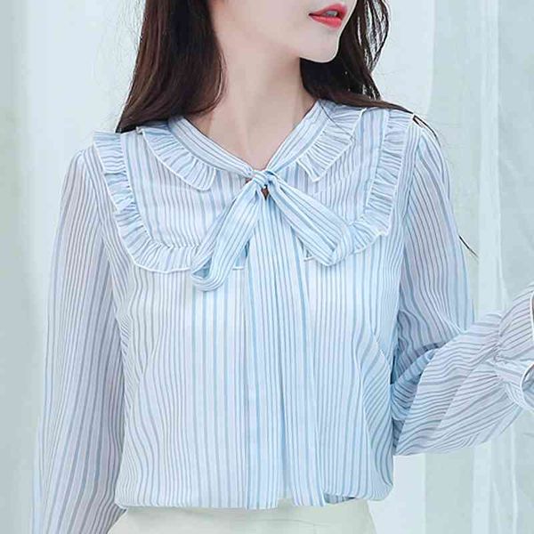 Langarm Frauen Blusen Shirts Bluse Frauen V-ausschnitt Blau Gestreiften Chiffon Bluse Shirt Frauen Tops Blusas Camisas Mujer D423 210426