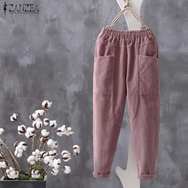 

women's pants & capris spring harem zanzea women solid loose turnip trousers vintage casual elastic waist long corduroy pantalons femal, Black;white