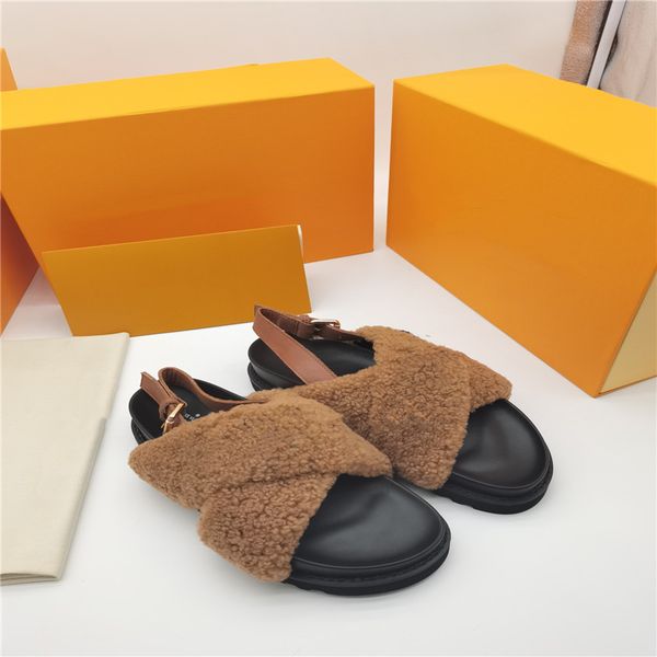 

designer casual women woolen slippers home shoes letter printed lamb wool flip flops autumn winter outside sandals, Black