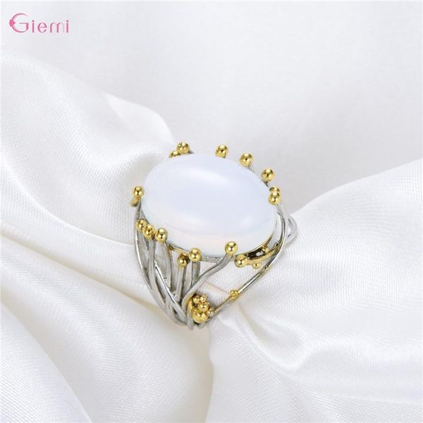 

cluster rings big oval egg moonstone s925 finger ring for women ladies sterling silver 925 wedding engagement party jewellery, Golden;silver