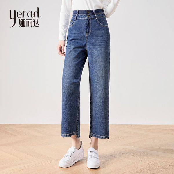 

women's jeans yerad autumn women washed ankle length wide leg denim pants high waist straight, Blue