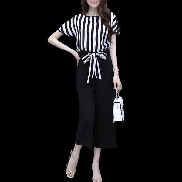

summer wear women stripe blouse french fashion chiffon wide-legged trousers black pants two pcs leisure suits women's piece, White
