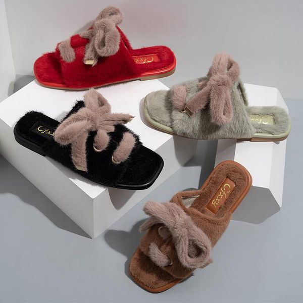 

slippers women's home fashion suede bowknot soft fluffy outer wear cotton, Black
