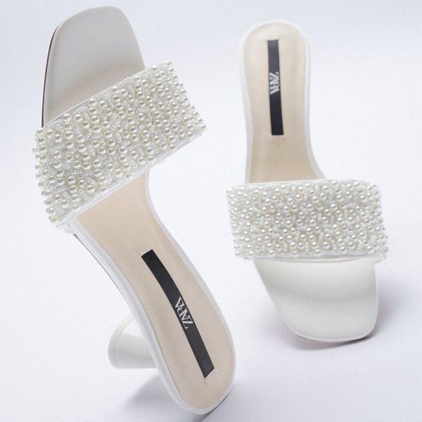 

za square head white pearl high-heeled women's open toe wine cup with small fragrance sandals, Black