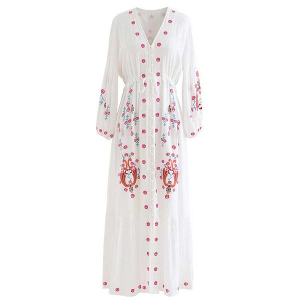 

casual dresses boho inspired maxi white dress for women long sleeve embroidery v-neck buttons drawstring waist slit front summer holiday, Black;gray