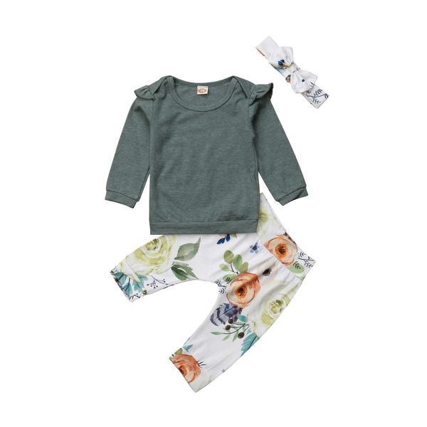 

pretty cute toddler baby girls autumn winter clothes 3pcs long sleeve ruffles solid pullover +floral print pant+headband, White