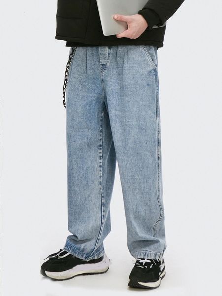 

men patched chain detail drawstring waist jeans v7u2#, Blue