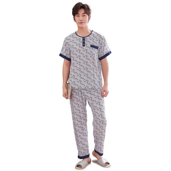 

summer men pajama cotton casual homewear o-neck short sleeve sleepwear nightwear 2pcs shirt&pant pijamas pyjamas sleep suit men's, Black;brown