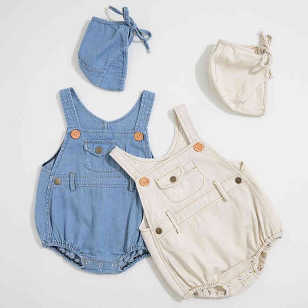 

summer boys girls in baby bodysuits light-colored jeans ha-yi triangle crawling clothes to send hats rompers 210429, Blue