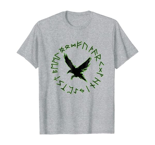 

raven and viking rune wheel green pagan tshirt, White;black