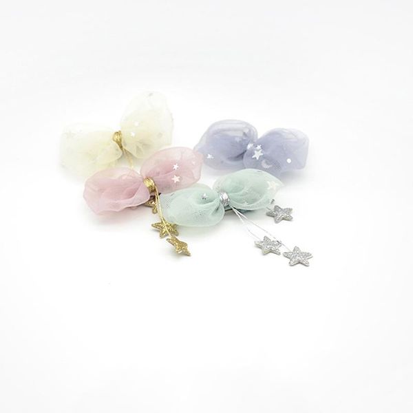 

hair accessories south korea children's star yarn hanging little tassel bow clip girl's headdress pink, Slivery;white