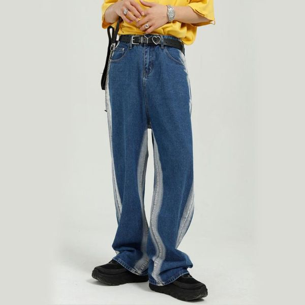 

men's jeans side bleaching loose casual straight wide leg denim pants male korean harajuku streetwear hip hop trousers man, Blue