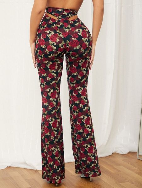 

cut out waist floral allover print flare leg pants 56ph#, Black;white