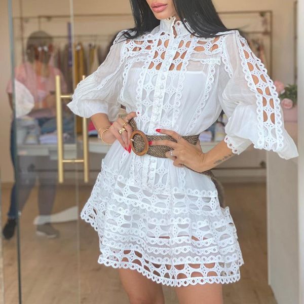 

casual dresses agong half high collar solid women fashion loose dress elegant hollow out mini female ladies, Black;gray