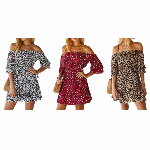 

leopard off the shoulder women elegant summer dress casual dresses, Black;gray