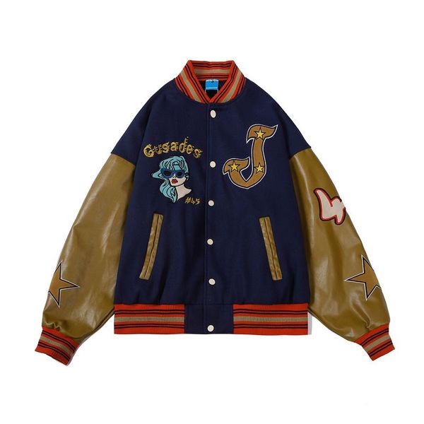 

men's jackets high street embroidery stitching pu leather sleeve baseball jacket men and women fashion tide brand hip-hop loose couple, Black;brown