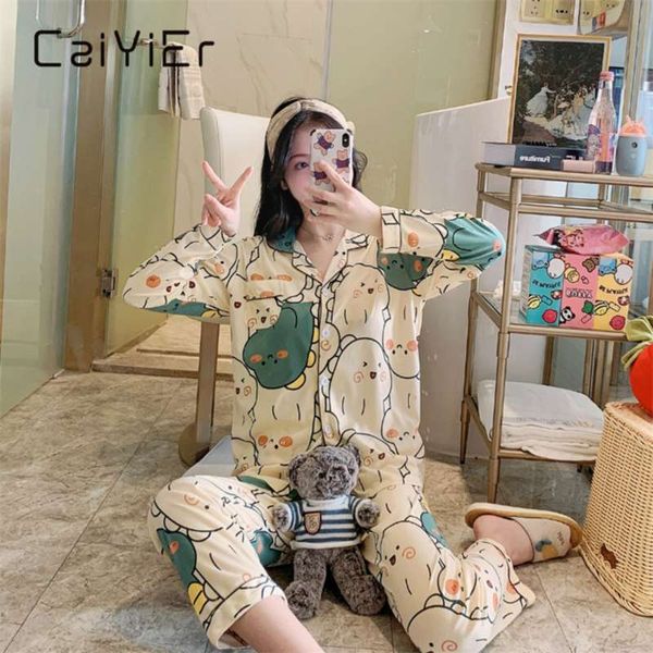 Caiyier S / A pijamas Set rosa leopardo Imprimir Cereja Impressão Adorável Senhoras Sleepwear em Calças de Mangas Longa Homesuit 210928