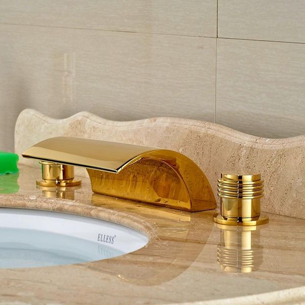 

deck mounted golden polish bath sink faucet vessel mixer double handles bathroom shower sets