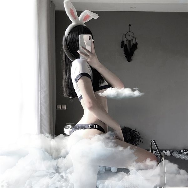 

ojbk heart hollow open chest erotic lingerie japanese sweet student role play costume rabbit tail school girl uniform, Black;white