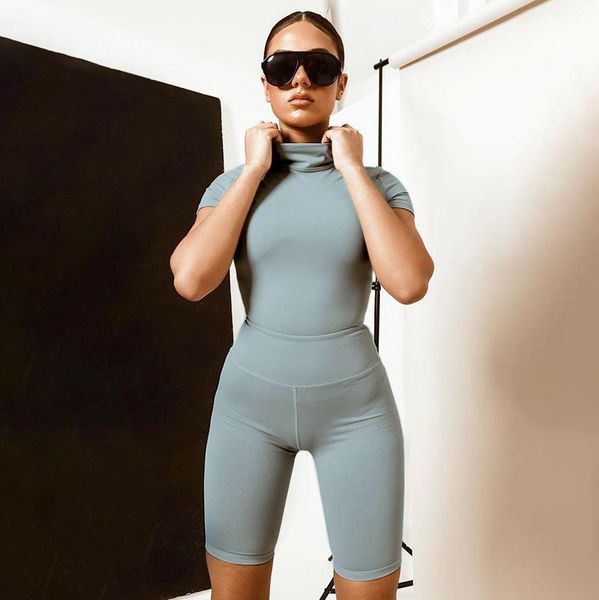 

women's tracksuits evessi solid short sleeve bodysuits and slim shorts 2 piece set women outfits fashion streetwear summer 2021 fitness, Gray