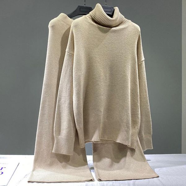 

women's two piece pants sweater set women tracksuits winter knitted suit 2 warm turtleneck pullover wide leg suits homewear sets, White