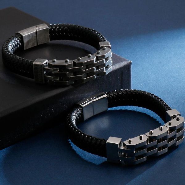

tennis vintage handmade men's leather bracelet for men stainless steel mens bracelets 2021 biker jewelry customized logo name engrave, Golden;silver