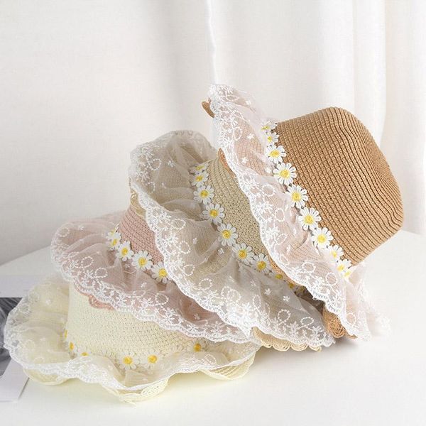 

caps & hats 2-6y children sunflowers print lace sun hat straw 4 colors toddler kids princess beach sunscreen cap back to school, Yellow