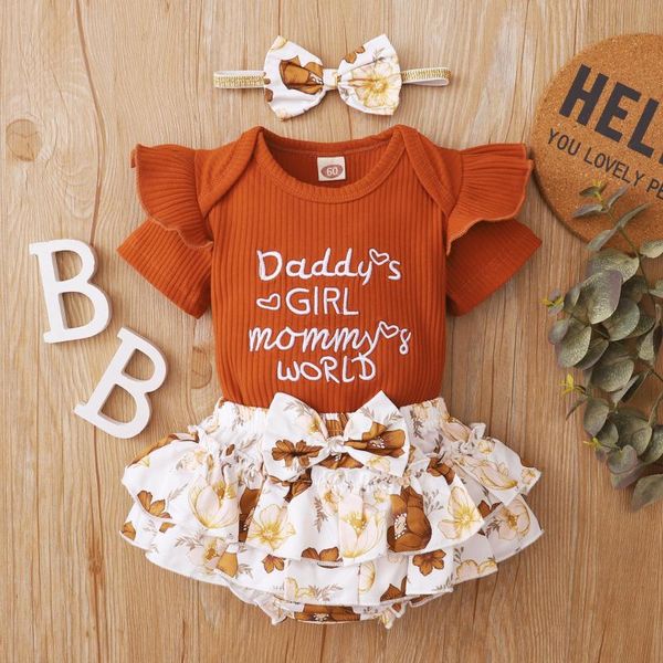 

summer baby girl clothes set solid letter born short sleeve romper and ruffled floral shorts pants headband outfits clothing sets, White