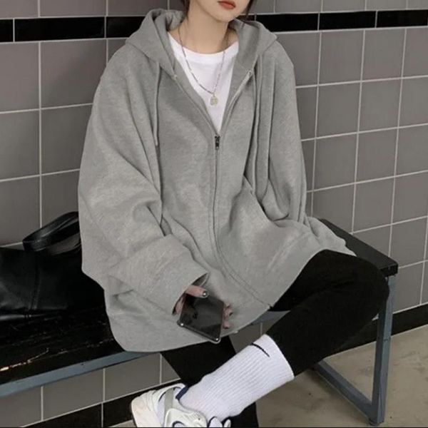 

women's hoodies & sweatshirts oversized zip up hoodie kpop clothes sspring autumn hooded women long sleeve gray female jacket 2021 suda, Black