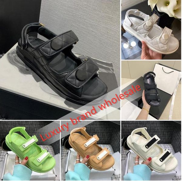 

summer designer brand velcro sandal fashion women genuine leather rhombus platform ladies flat rubber sandals girl beach shoes, Black