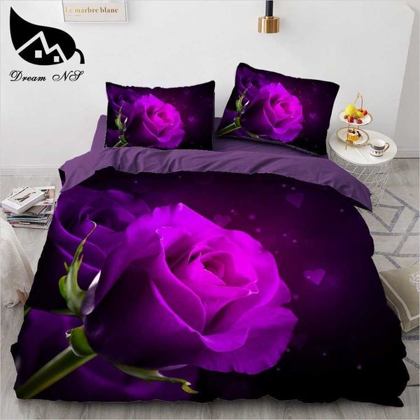 Dream NS Sale Novos Conjuntos de Cama 3D Estampa Reativa Flores Rosa Roxa Padrão Capa de Colcha Cama Juego de Cama H0913